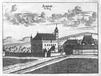 Engraving, view of Auhof Castle, Upper Austria by Georg Matthaus Vischer